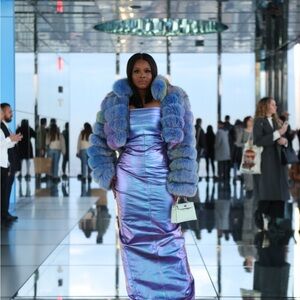 Rick Owens Strapless metallic Iridescent Blue denim maxi gown